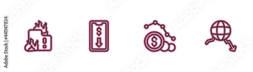 Set line Fire in burning house, Dollar rate decrease, Mobile stock trading and Global economic crisis icon. Vector