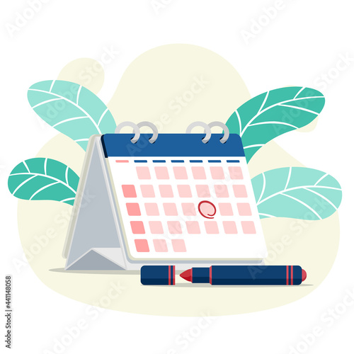 Red pen marks the date, holiday, priority, important, reminder day on calendar concept decorative with leaves on background. Vector illustration flat design for banner and poster.