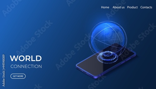 Smartphone global network isometric illustration. Technology digital 3d globe. Connection data service. Cloud storage concept.