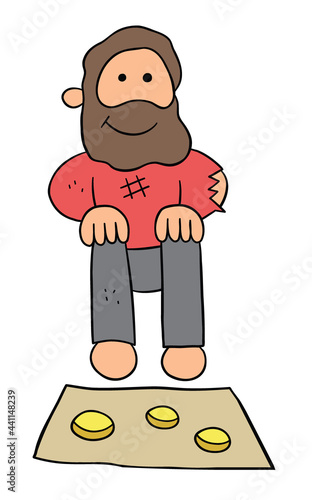 Cartoon homeless man begging for money, vector illustration