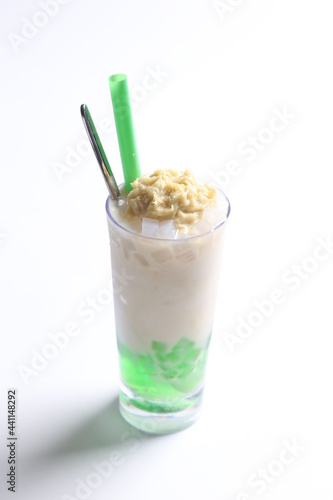ice cendol coconut milk drink with pandan coconut jelly and fresh durian meat fruit beverage menu