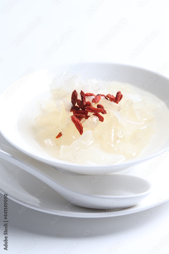 chilled double boiled fresh bird nest with hashima and wolf berries asian sweet soya milk soup in white bowl healthy dessert halal vegan food menu for Hong Kong cafe chilled double boiled fresh bird nest with hashima and wolf berries asian sweet soya milk soup in white bowl healthy dessert halal vegan food menu for Hong Kong cafe
