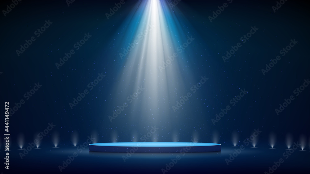 Spotlight backdrop. Illuminated blue stage podium. Background for displaying products. Bright beams of spotlights, shimmering glittering particles, a spot of light. Vector illustration - obrazy, fototapety, plakaty 