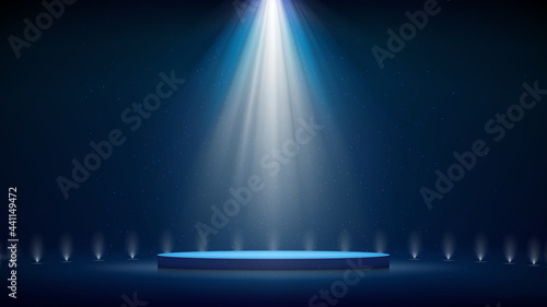 Spotlight backdrop. Illuminated blue stage podium. Background for displaying products. Bright beams of spotlights, shimmering glittering particles, a spot of light. Vector illustration