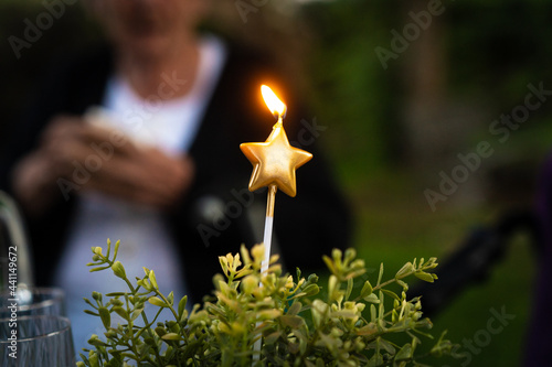 Golden star-shaped candle lit, nailed to a green plant on a birthday