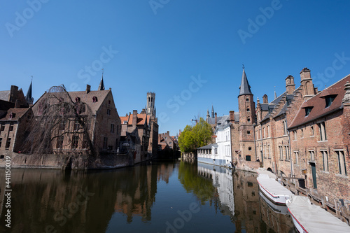 27 April 2021, Bruges, Belgium, walking on medieval Bruges streets in sunny day, travel destination