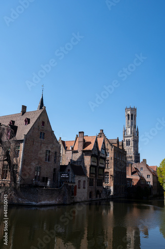 27 April 2021, Bruges, Belgium, walking on medieval Bruges streets in sunny day, travel destination