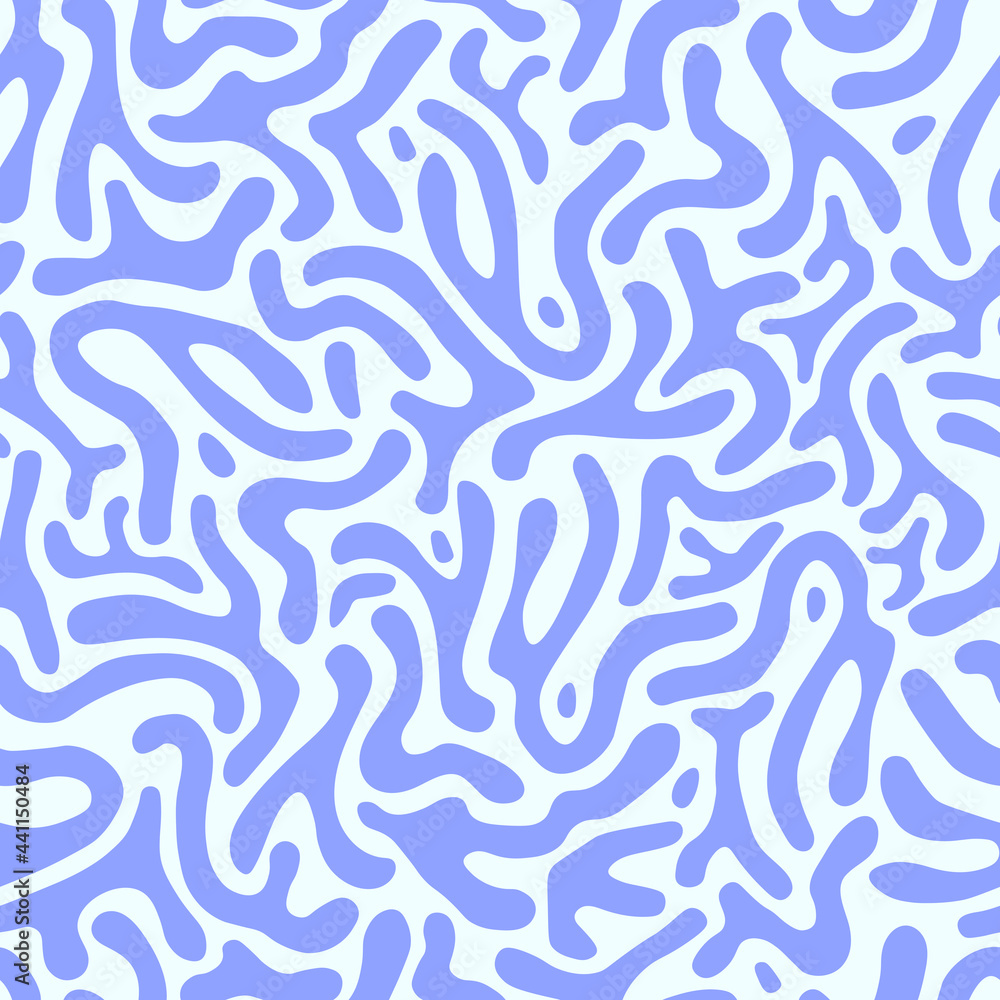 Seamless pattern with curves in blue colors. Abstract maze with rounded organic shapes. Design for print, fabric, wallpaper.
