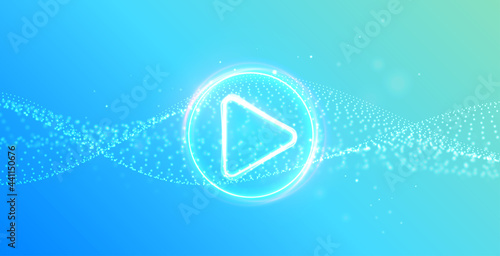 Dynamic particle wavy background with glowing play button. Press to play. Start button. Gaming, music, cinema.