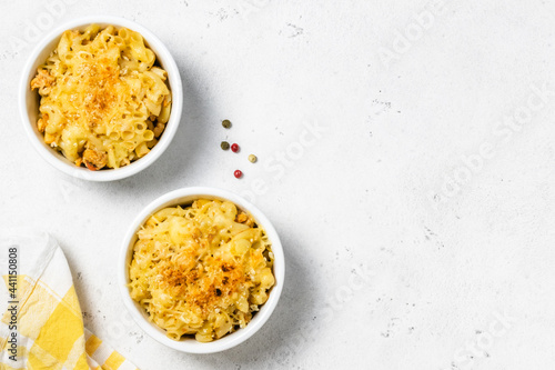 Baked macaroni and cheese in backing dish.Top view, space for text.