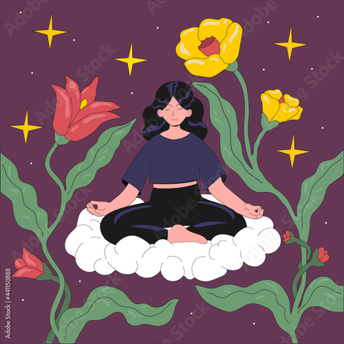 Concept of meditation and harmony. Woman sitting on a cloud in lotus position. Vector illustration in flat cartoon style.