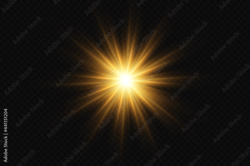 Shining golden stars. Light effects, sun, glare, explosion, golden light. Vector illustration.