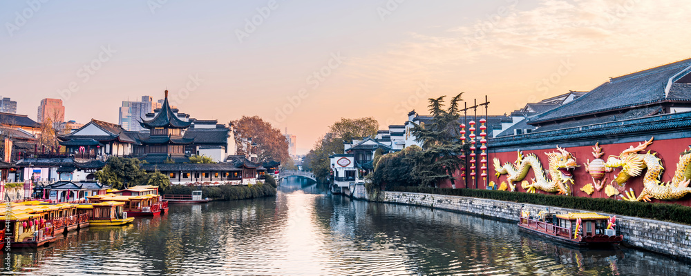 Early morning scenery of Confucius Temple on Qinhuai River, Nanjing, Jiangsu, China 