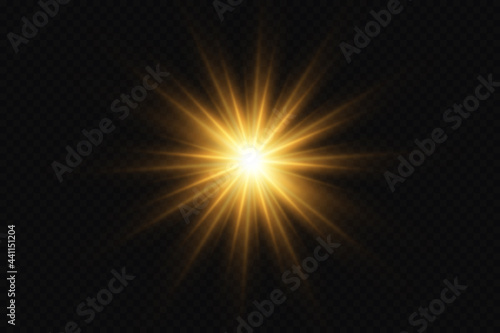 Shining golden stars. Light effects, sun, glare, explosion, golden light. Vector illustration.