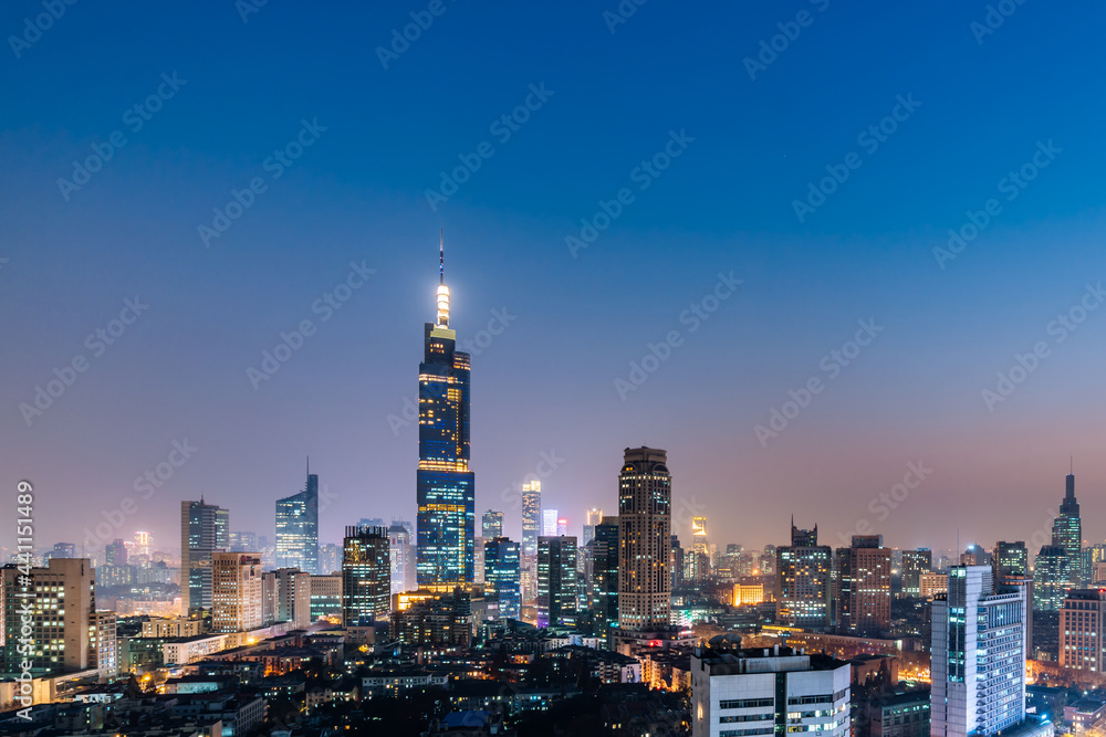 Night view of Zifeng Building and city skyline in Nanjing, Jiangsu, China