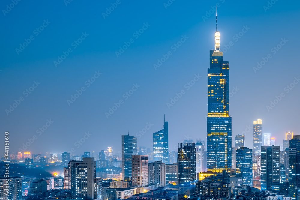 Night view of Zifeng Building and city skyline in Nanjing, Jiangsu, China
