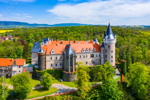 Aerial view of Zleby castle in Central Bohemian region  Czech Republic. The original Zleby castle was rebuilt in Neo-Gothic style of the chateau. Chateau Zleby  Czechia.