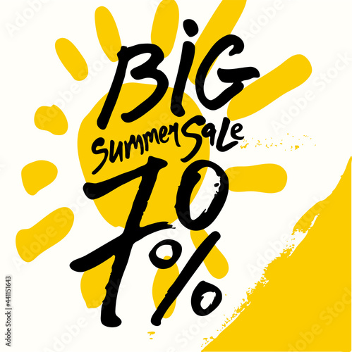 Big Summer Sale. 70  off. Hand drawn lettering and sun vector poster.   