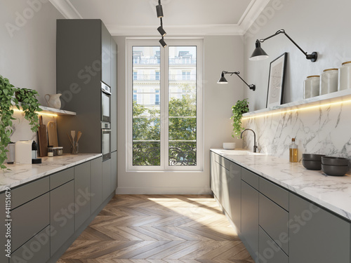Fototapeta Naklejka Na Ścianę i Meble -  3d render of a Parisian minimalist kitchen with grey cabinets and white marble countertop and wood herringbone wood floor