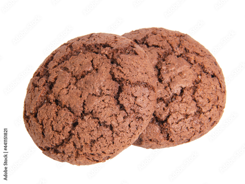Two perfect dark chocolate cookies isolated on the white background Two perfect dark chocolate cookies isolated on the white background