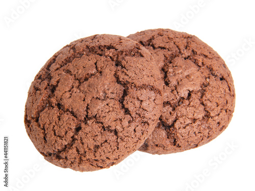 Two perfect dark chocolate cookies isolated on the white background