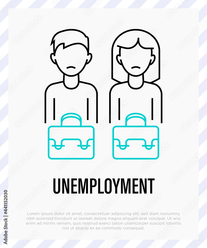 Obraz premium Unempoyment: depressed woman and man with briefcases. Gradient icon. Job seeker. Economic crisis. Vector illustration.