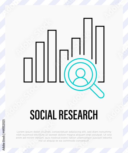 Social research thin line icon. Statistics for targeting, consumer behavior, analysis of audience. Graph with magnifier and human inside. Vector illustration.