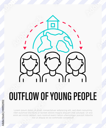Outflow of population of young people. Workforce migration. Thin line icon of social problem. People moving around the globe. Vector illustration.