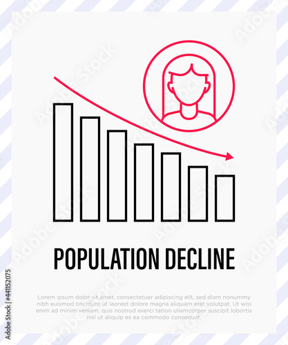 Population reduction thin line icon. Graph of decrease with arrow and woman. Social problem, demographic crisis. Vector illustration.