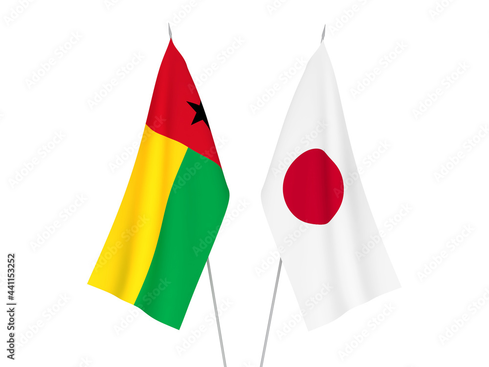 Obraz premium National fabric flags of Japan and Republic of Guinea Bissau isolated on white background. 3d rendering illustration.