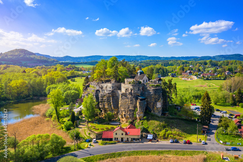 Aerial view of Sloup Castle in Northern Bohemia, Czechia. Sloup rock castle in the small town of Sloup v Cechach, in the Liberec Region, north Bohemia, Czech Republic. photo