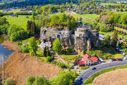 Aerial view of Sloup Castle in Northern Bohemia, Czechia. Sloup rock castle in the small town of Sloup v Cechach, in the Liberec Region, north Bohemia, Czech Republic. photo