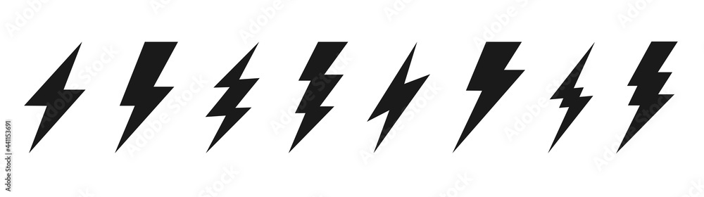Thunder bolt lightning flash icons set vector. Isolated black design symbols on white background. Electric thunderbolt signs. Abstract concept dangerous and power illustration. Thunder bolt lightning flash icons set vector. Isolated black design symbols on white background. Electric thunderbolt signs. Abstract concept dangerous and power illustration.