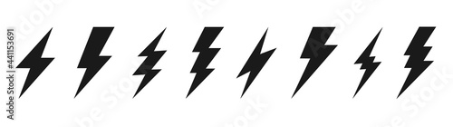 Thunder bolt lightning flash icons set vector. Isolated black design symbols on white background. Electric thunderbolt signs. Abstract concept dangerous and power illustration.