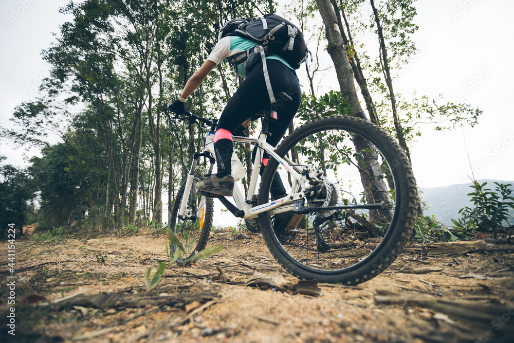 Woman cycling on mountain top forest trail