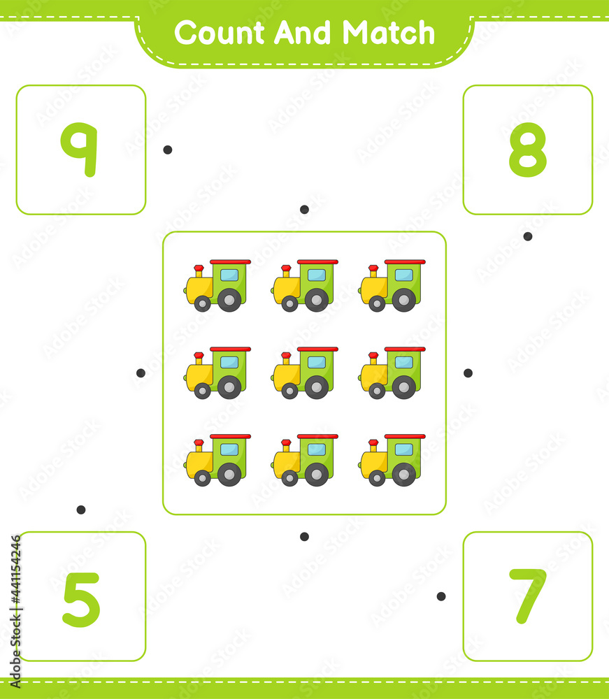 Count and match, count the number of Train and match with the right numbers. Educational children game, printable worksheet, vector illustration Count and match, count the number of Train and match with the right numbers. Educational children game, printable worksheet, vector illustration