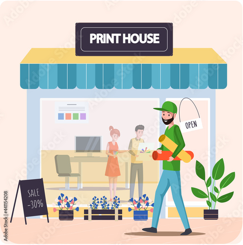Typography workflow concept. Man is going to print house with printers, inks, paints. Male character is carrying colored paper for printer working. People in printshop choose colors from paint palette