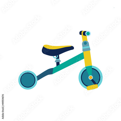 Kids bicycle or tricycle in flat style. Colorful balance-bike icon, playing game toy. Vector illustration.