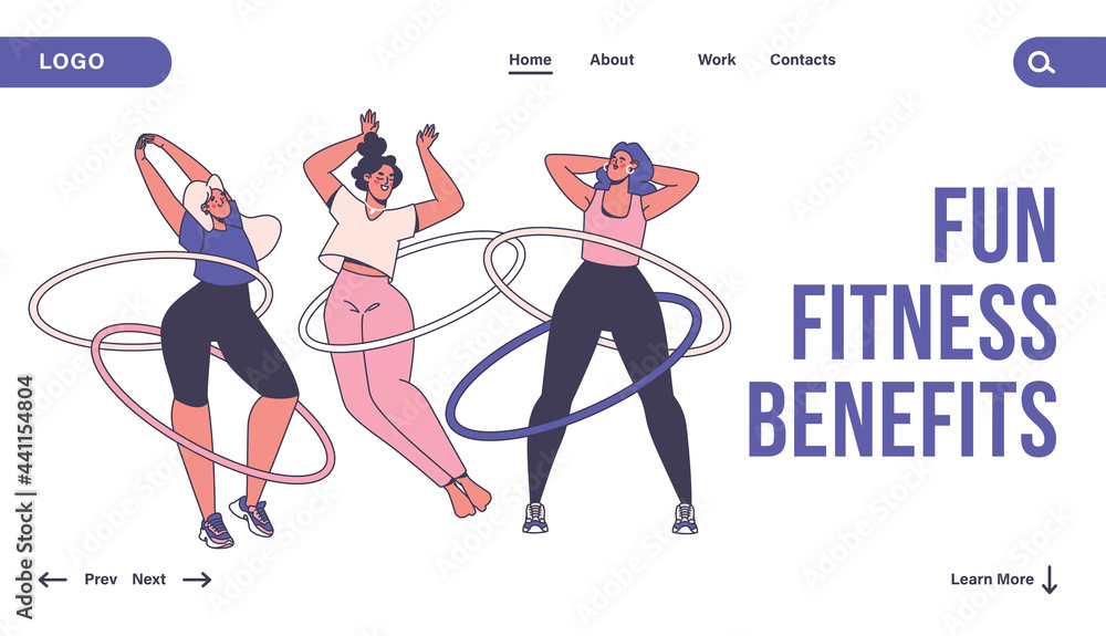 Concept of fun training, fitness and aerobics with gymnastics. Vector illustration with dancing, jumping woman spinning hula hoops at the waist. Web page template, landing page layout. 