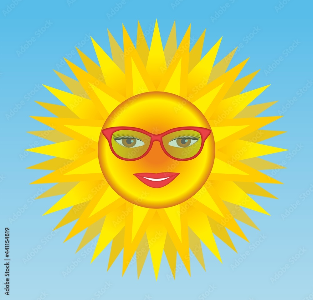 Shiny sun, smiling, wearing sunglasses. Soft transparent green in glasses. Vector illustration. EPS10.