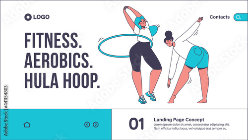 Concept of physical activity, morning exercises, aerobics. Landing page template, web page layout. Vector illustration with women, they make bends, wave hands and happily dance, jump with hula hoop