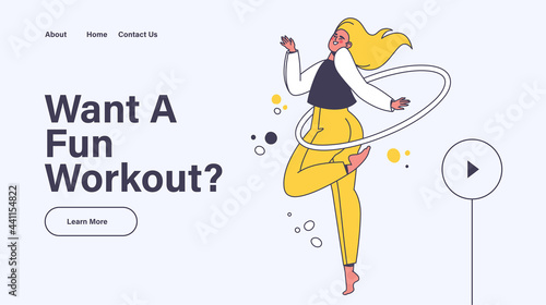 Concept of healthy lifestyle, gymnastics, aerobics. Landing page template. Web page layout with cheerful female character doing morning exercises in playful way. Girl dancing twists on waist hula hoop