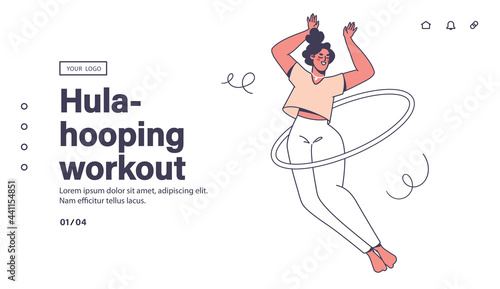 Healthy lifestyle, fitness concept in fun exercise format with hula hoop. Landing page template, web page layout with joyful, happy female character spinning a hoop around her waist. Morning exercises
