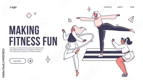 Fitness concept. Template for web page, landing page layout. Women go sports, aerobics, gymnastics, rotated hula hoops at waist. Healthy lifestyle, how to stay fit, physical activity, morning exercise