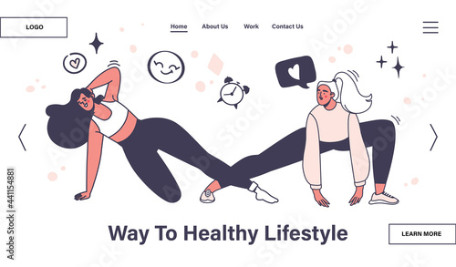 Two girls are engaged in fitness. Healthy lifestyle concept. Morning work-out. Landing page template, web page layout. Sports, training, gymnastics to keep fit, physical activity. Vector illustration 