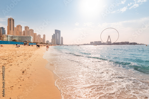 Photography Wide panorama of the Persian Gulf with famous Ferris wheel Dubai Eye and numerou