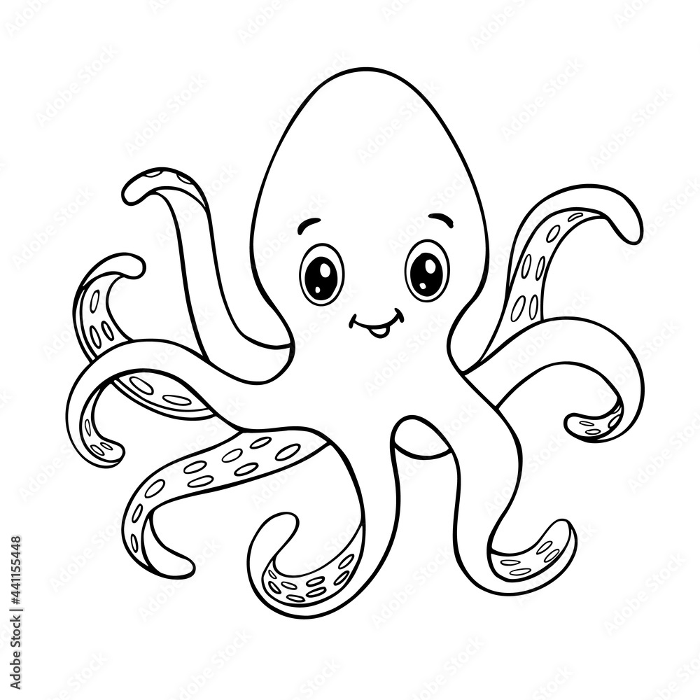 Line sketch of cute cartoon octopus. Coloring book with ocean animals.  Vector illustration funny character. Stock Vector | Adobe Stock