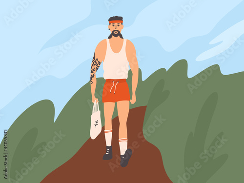 Handsome muscular man in red shorts and undershirt walking down street. Strong guy with tattoo carrying eco shopping bag in hand. Cute funny character. Man in sport summer clothes. Vector illustration