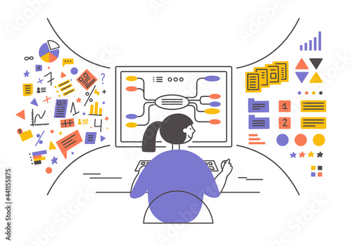 Data analysis, database visualization. Young woman sitting in front of big computer monitor sorting information. Girl working using digital mind map. Charts, data graphic analyzing vector illustration
