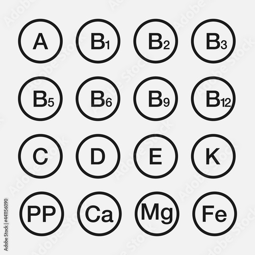 Vitamins vector icons. Vitamin complex.Nutrition signs, isolated. Vitamins group. Vector illustration